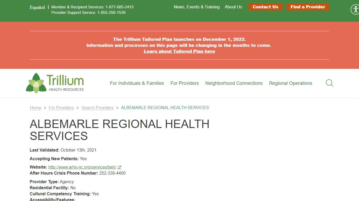 ALBEMARLE REGIONAL HEALTH SERVICES | Trillium Health Resources